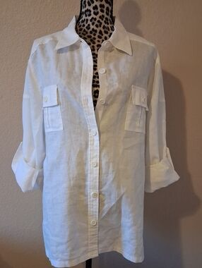Never Worn Westbound Woman White 100% Linen Button-Up Top Patch Pockets 2X